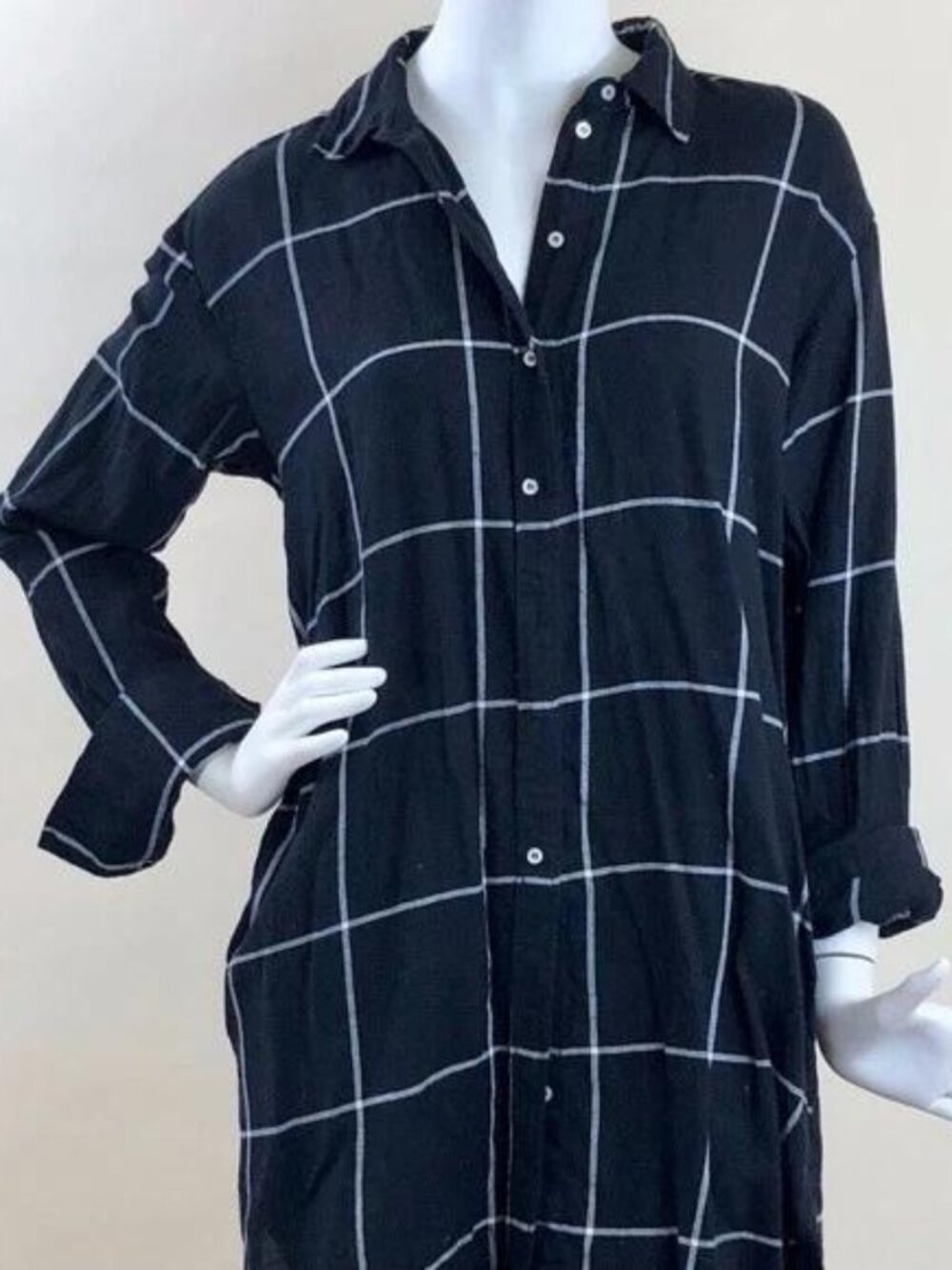 H&M BLACK WHITE WINDOWPANE COTTON SHIRT DRESS 10 NWT